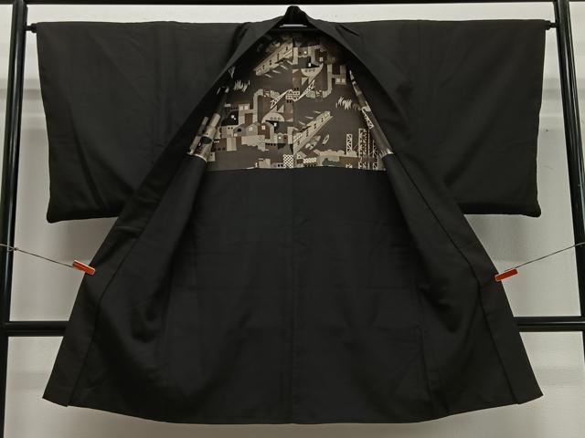 平和屋着物∞男性　長羽織　お召地　黒地　羽裏：風景文　正絹　逸品　CABD4430ua