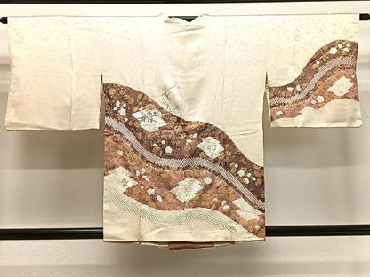平和屋着物∞道行コート　刺繍　絞り　松皮菱花文　金彩　正絹　逸品　CABD4431ua