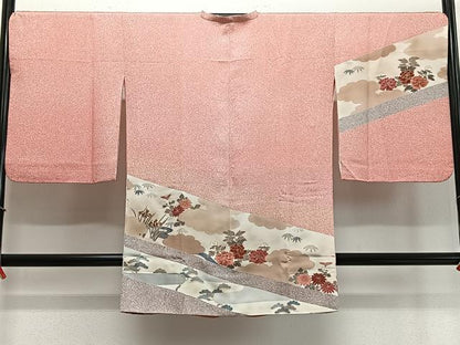 平和屋着物∞道行コート　流水草花文　たたき染め　金彩　ロング丈　正絹　逸品　CABD4432ua