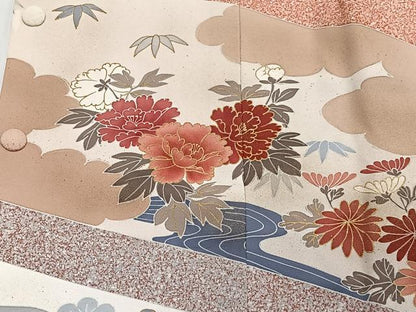 平和屋着物∞道行コート　流水草花文　たたき染め　金彩　ロング丈　正絹　逸品　CABD4432ua