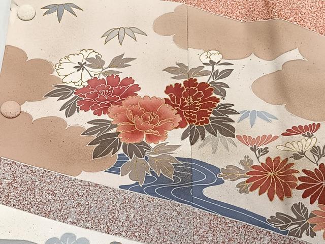 平和屋着物∞道行コート　流水草花文　たたき染め　金彩　ロング丈　正絹　逸品　CABD4432ua