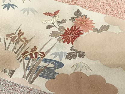 平和屋着物∞道行コート　流水草花文　たたき染め　金彩　ロング丈　正絹　逸品　CABD4432ua