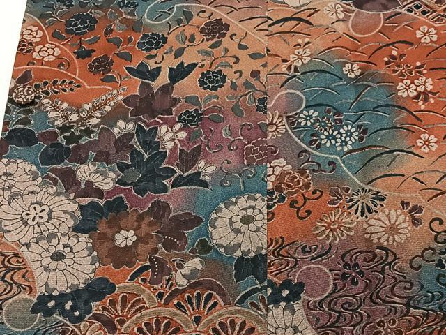 平和屋着物∞道行コート　草花文　たたき染め　正絹　逸品　CABD4433ua