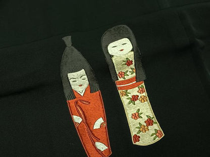 平和屋着物＃羽織　総刺繍　駒刺繍　人物文　黒地　正絹　逸品　CABD4467ua