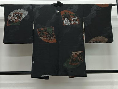 平和屋着物＃羽織 寿光織 扇面風景文 黒地 銀糸 正絹 逸品 CABD4471ua
