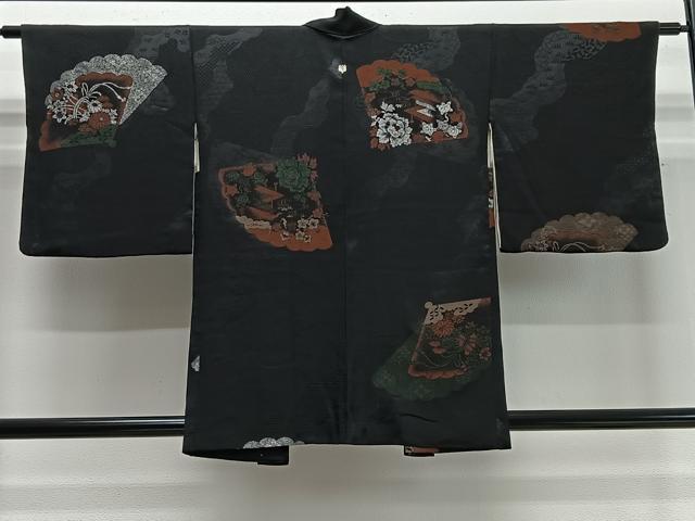 平和屋着物＃羽織 寿光織 扇面風景文 黒地 銀糸 正絹 逸品 CABD4471ua