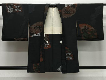 平和屋着物＃羽織 寿光織 扇面風景文 黒地 銀糸 正絹 逸品 CABD4471ua