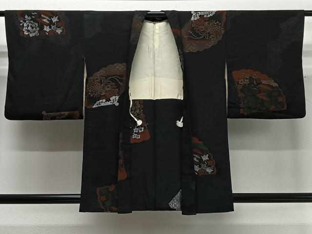 平和屋着物＃羽織 寿光織 扇面風景文 黒地 銀糸 正絹 逸品 CABD4471ua