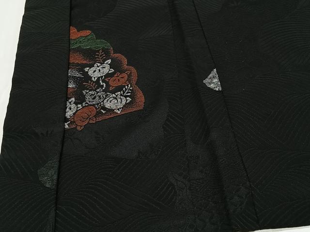平和屋着物＃羽織 寿光織 扇面風景文 黒地 銀糸 正絹 逸品 CABD4471ua