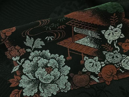 平和屋着物＃羽織 寿光織 扇面風景文 黒地 銀糸 正絹 逸品 CABD4471ua