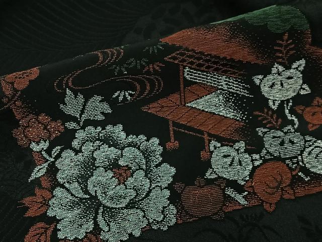 平和屋着物＃羽織 寿光織 扇面風景文 黒地 銀糸 正絹 逸品 CABD4471ua