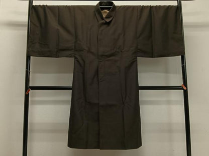 平和屋着物∞男性　和装コート　角袖　紬地　赤墨色　ロング丈　正絹　逸品　CABD4486ua