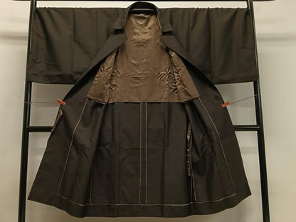平和屋着物∞男性　和装コート　角袖　紬地　赤墨色　ロング丈　正絹　逸品　CABD4486ua