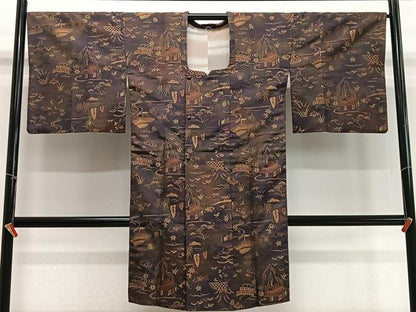 平和屋着物∞道行コート　紬地　風景文　ロング丈　正絹　逸品　CABD4490ua