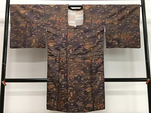 平和屋着物∞道行コート　紬地　風景文　ロング丈　正絹　逸品　CABD4490ua