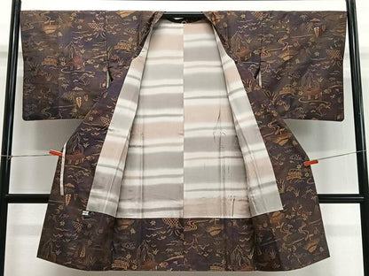 平和屋着物∞道行コート　紬地　風景文　ロング丈　正絹　逸品　CABD4490ua