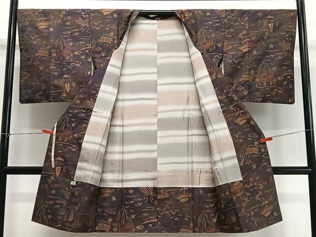 平和屋着物∞道行コート　紬地　風景文　ロング丈　正絹　逸品　CABD4490ua