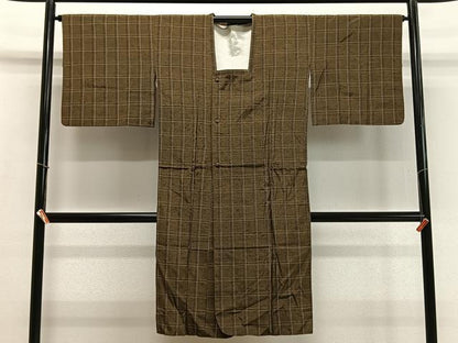 平和屋着物∞道行コート　紬地　格子柄　ロング丈　正絹　逸品　CABD4500ua