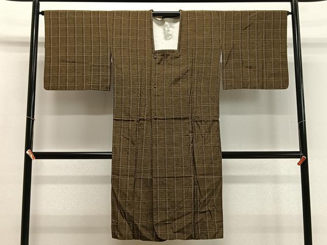 平和屋着物∞道行コート　紬地　格子柄　ロング丈　正絹　逸品　CABD4500ua