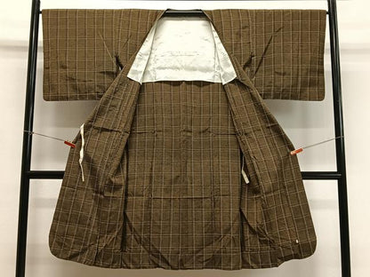 平和屋着物∞道行コート　紬地　格子柄　ロング丈　正絹　逸品　CABD4500ua