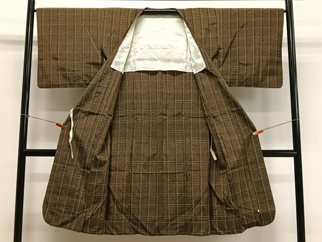 平和屋着物∞道行コート　紬地　格子柄　ロング丈　正絹　逸品　CABD4500ua