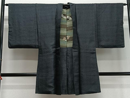 平和屋着物＃男性 長羽織 お召地 籠目文 正絹 逸品 CABD4518ua