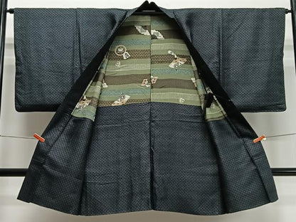 平和屋着物＃男性 長羽織 お召地 籠目文 正絹 逸品 CABD4518ua