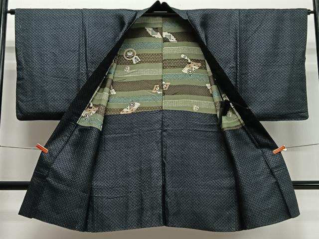 平和屋着物＃男性 長羽織 お召地 籠目文 正絹 逸品 CABD4518ua