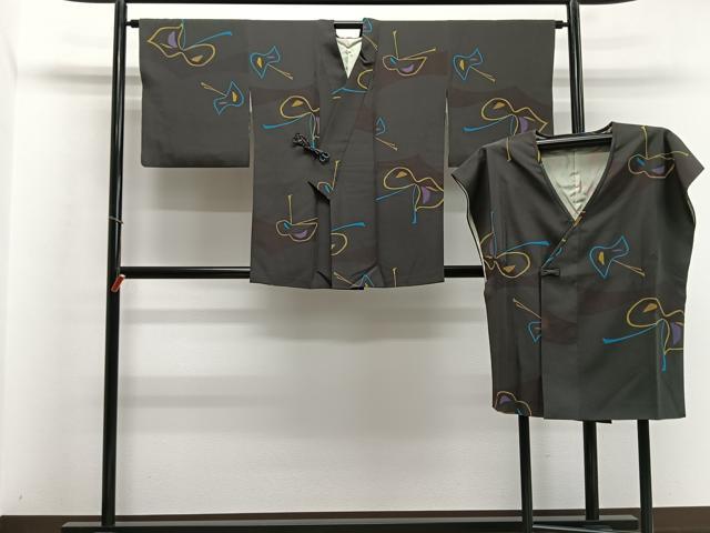 平和屋着物∞道中着・袖無し羽織セット　霞文　ロング丈　正絹　逸品　CABD4521ua