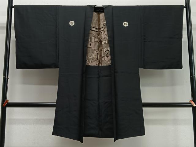 平和屋着物∞男性　長羽織　黒紋付　正絹　逸品　CABD4525ua