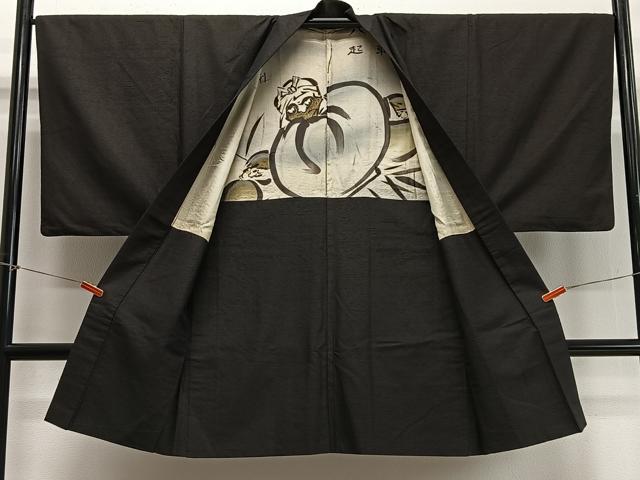 平和屋着物∞男性　長羽織　紬地　赤墨色　正絹　逸品　CABD4534ua