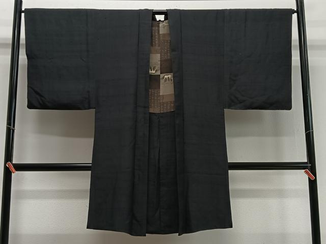 平和屋着物∞男性　長羽織　紬地　黒地　正絹　逸品　未使用　CABD4535ua