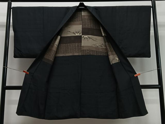 平和屋着物∞男性　長羽織　紬地　黒地　正絹　逸品　未使用　CABD4535ua