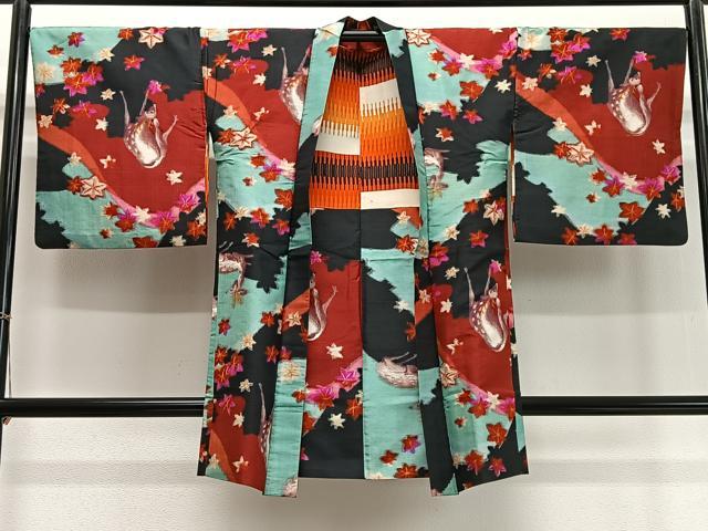 平和屋着物∞アンティーク　大正ロマン　長羽織　紬地　鹿　楓　正絹　逸品　CABD4537ua