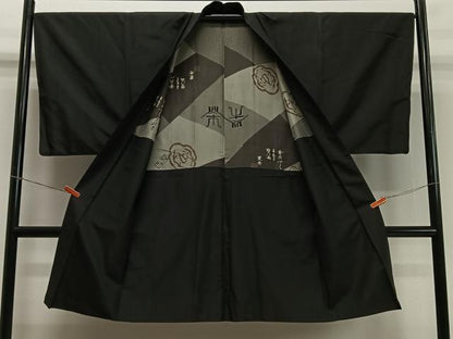 平和屋着物∞男性　長羽織　黒地　正絹　逸品　CABD4538ua