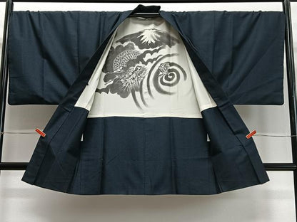 平和屋着物∞男性　長羽織　紬地　80亀甲　総詰め　正絹　逸品　CABD4551ua