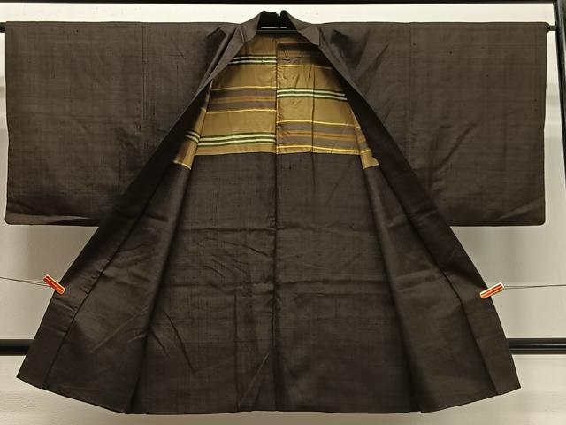 平和屋着物∞男性　長羽織　紬地　赤墨色　正絹　逸品　CABD4558ua