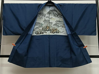 平和屋着物∞男性　長羽織　紬地　紺青色　正絹　逸品　CABD4560ua