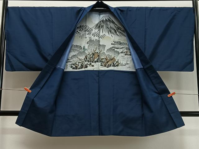 平和屋着物∞男性　長羽織　紬地　紺青色　正絹　逸品　CABD4560ua
