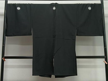 平和屋着物∞男性　長羽織　単衣　黒紋付　正絹　逸品　CABD4561ua