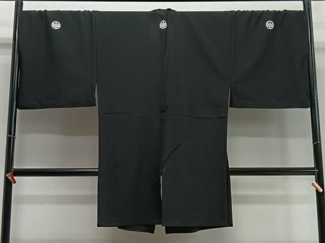 平和屋着物∞男性　長羽織　単衣　黒紋付　正絹　逸品　CABD4561ua