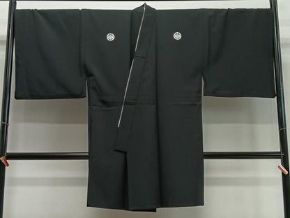 平和屋着物∞男性　長羽織　単衣　黒紋付　正絹　逸品　CABD4561ua