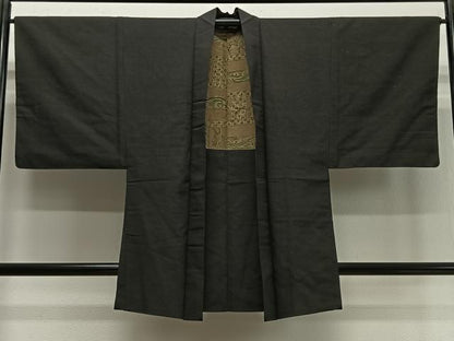 平和屋着物∞男性　長羽織　紬地　黒色　正絹　逸品　CABD4571ua