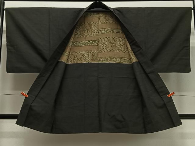 平和屋着物∞男性　長羽織　紬地　黒色　正絹　逸品　CABD4571ua