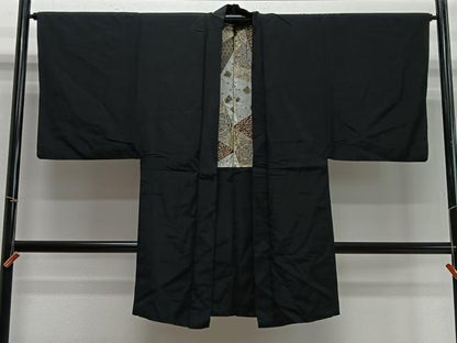 平和屋着物∞男性　長羽織　紬地　黒地　正絹　逸品　CABD4572ua