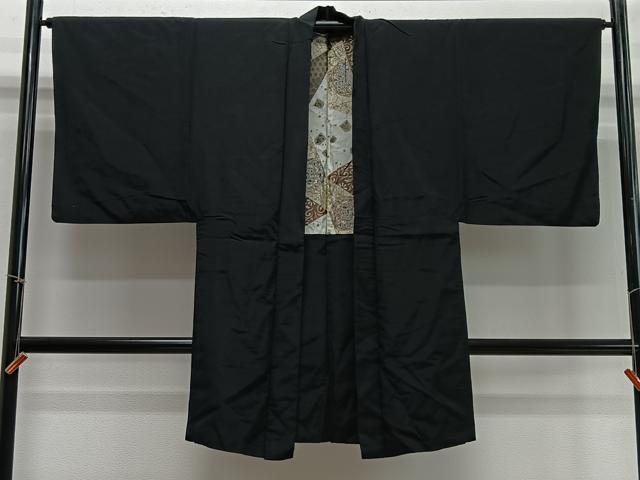 平和屋着物∞男性　長羽織　紬地　黒地　正絹　逸品　CABD4572ua