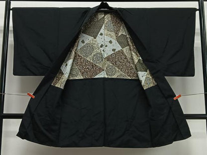 平和屋着物∞男性　長羽織　紬地　黒地　正絹　逸品　CABD4572ua