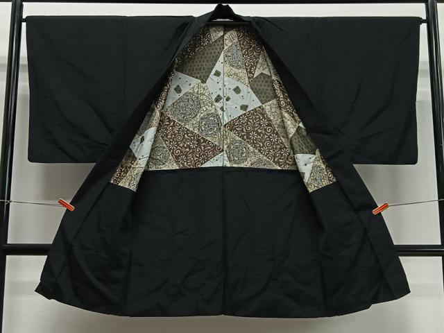 平和屋着物∞男性　長羽織　紬地　黒地　正絹　逸品　CABD4572ua