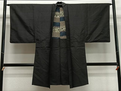 平和屋着物∞男性　羽織　紬地　縞　黒地　正絹　逸品　CABD4576ua