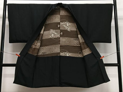 平和屋着物∞男性　長羽織　紬地　黒地　正絹　逸品　CABD4590ua